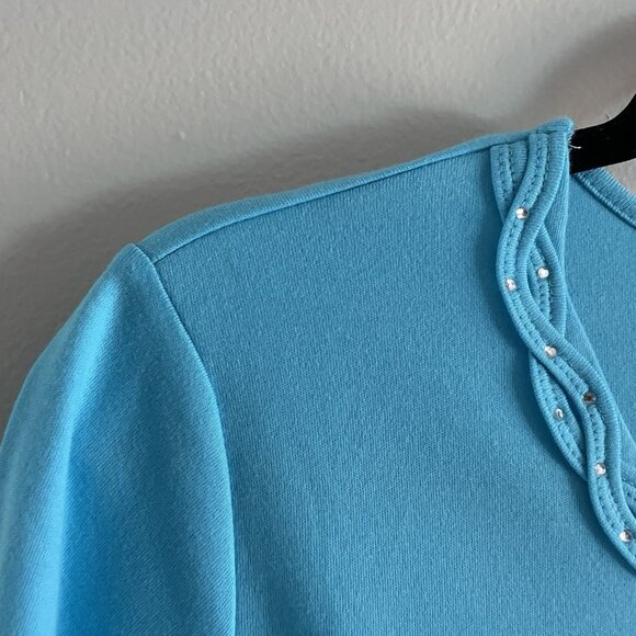 Quacker Factory Women L Blue Rhinestone Braided Sparkle 3/4 Sleeves T-Shirt NWT - Picture 6 of 10